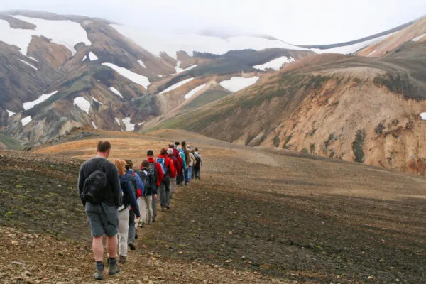 Een groep wandelaars loopt achter elkaar over een heuvelachtig wandelpad door het desolate, kleurrijke vulkanische ryolietlandschap van Landmannalaugar in IJsland, met met sneeuw bedekte bergen op de achtergrond.