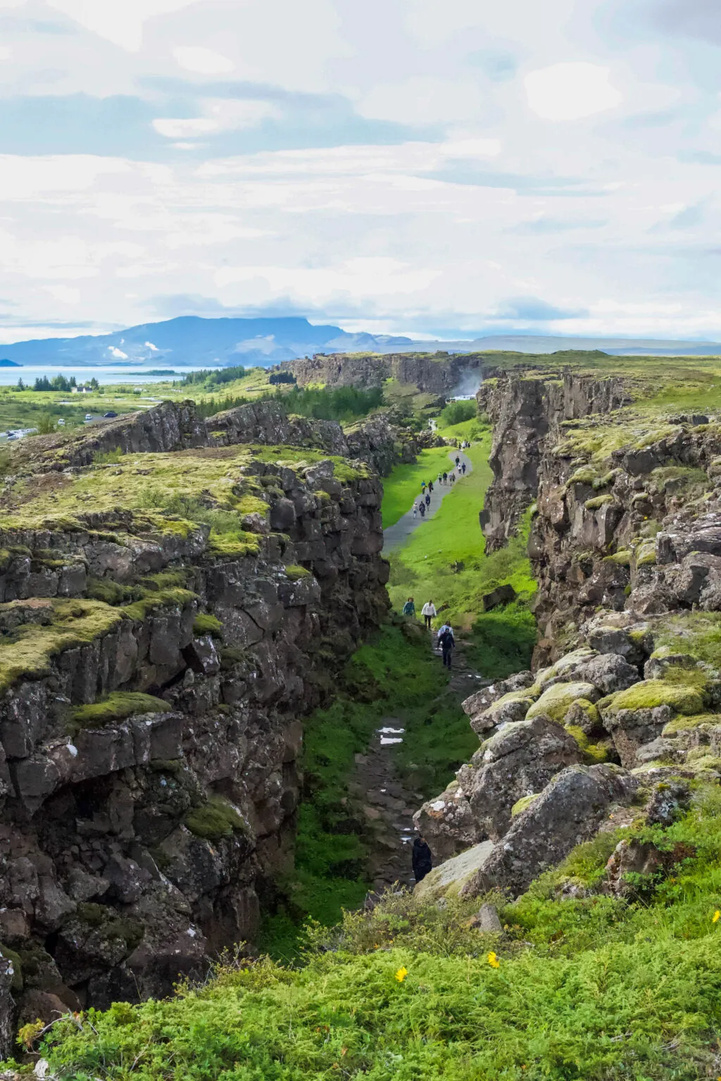 Hoog standpunt over het groene wandelpad dat meandert door de diepe rotsscheur van Nationaal Park Þingvellir in IJsland, met in de verte een weids uitzicht op het landschap en het Þingvallavatn-meer onder een lichtbewolkte lucht.