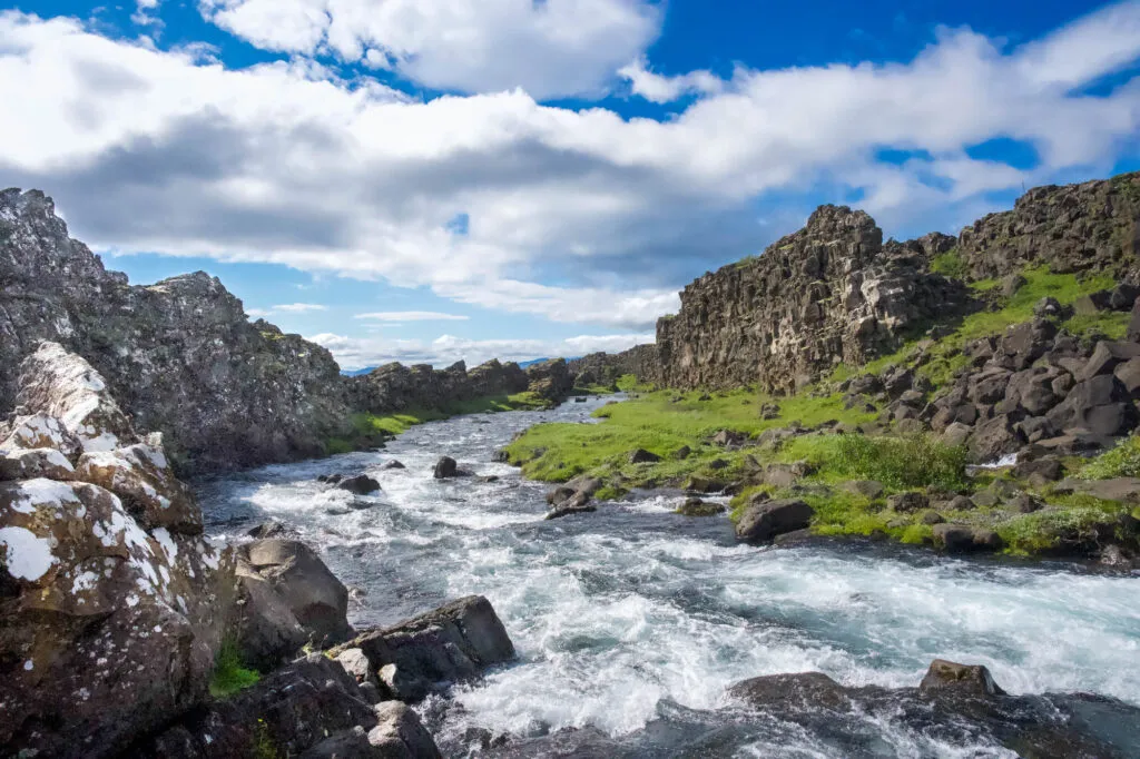 Een snellopende rivier stroomt door een rotsachtige kloof met groene velden in Nationaal Park Þingvellir langs de Golden Circle route in IJsland.