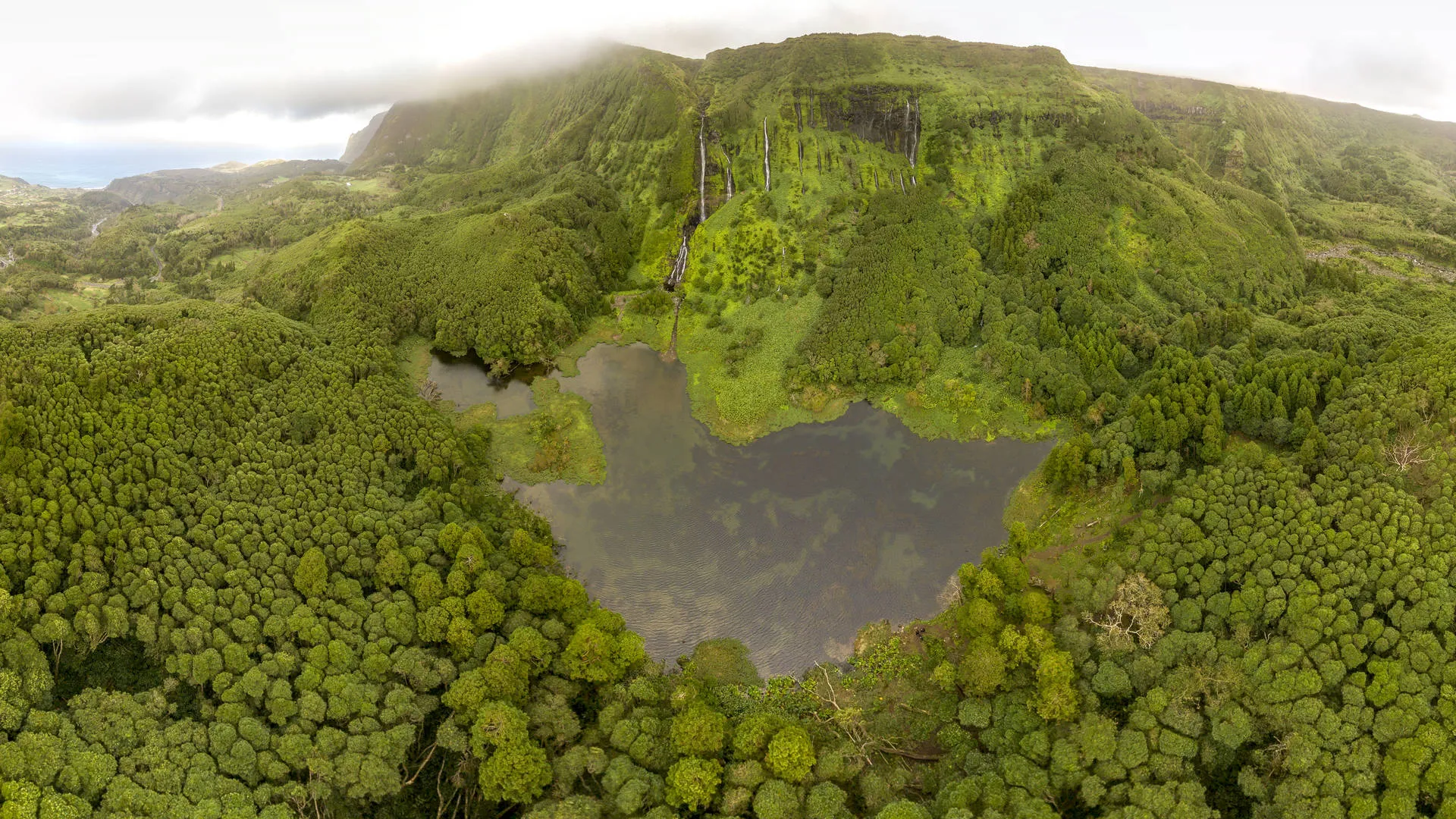 Azoren Flores Poco Da Alagoinha Meer Drone View Groen Waterval