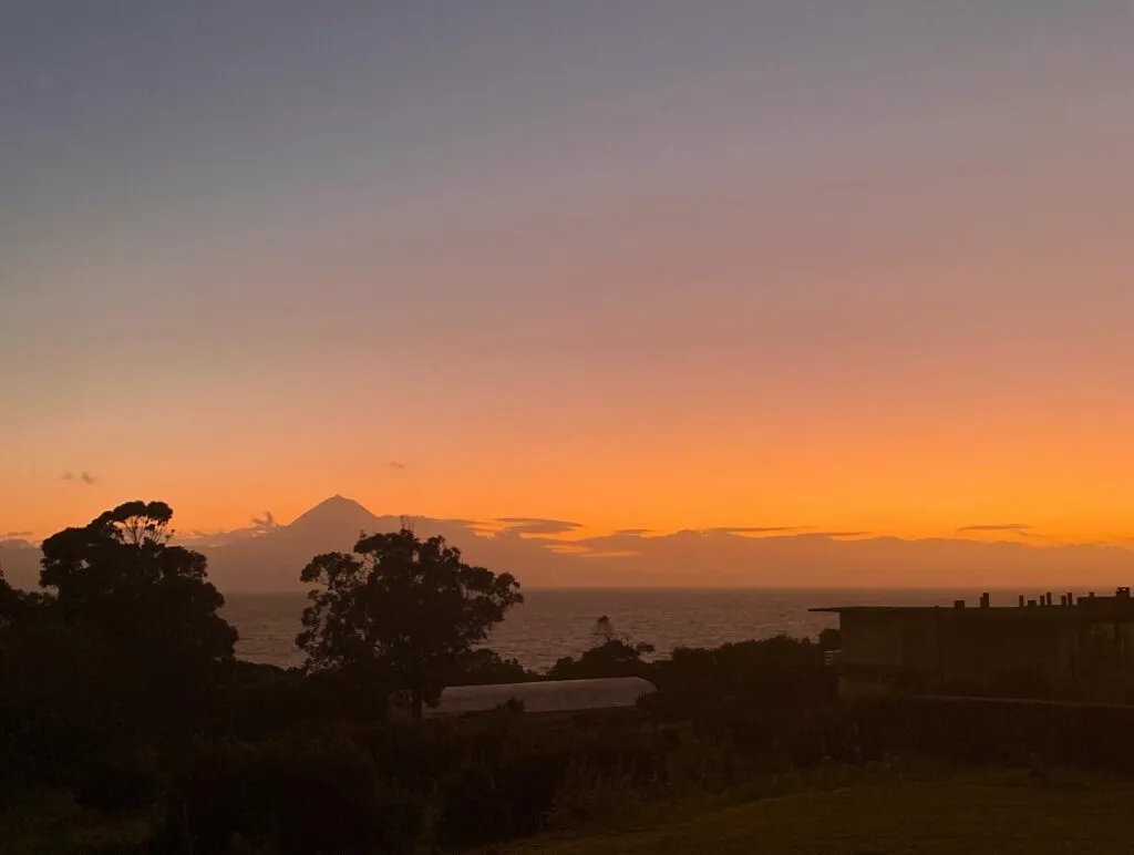 Sfeervolle avondlucht bij zonsondergang met de silhouetten van bomen en op de achtergrond de vulkaan Mount Pico gezien vanaf het eiland São Jorge.