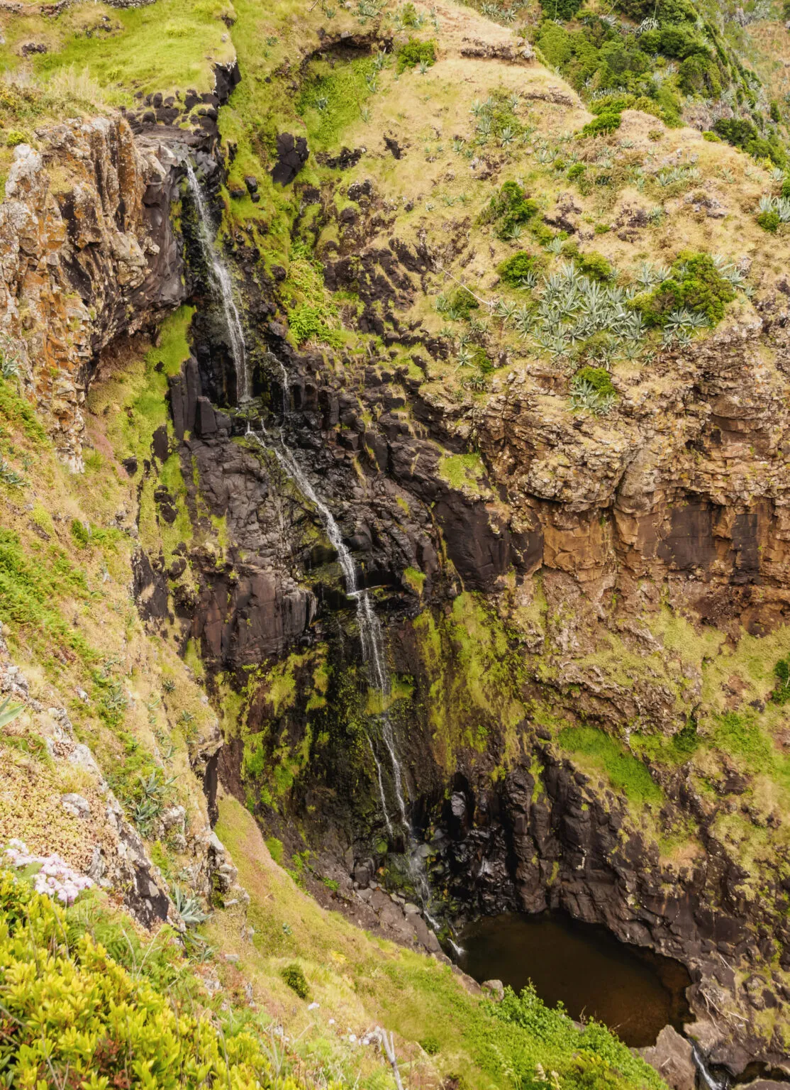 Een hoge, smalle waterval die via donkere vulkanische rotsen met groene begroeiing naar beneden stroomt.