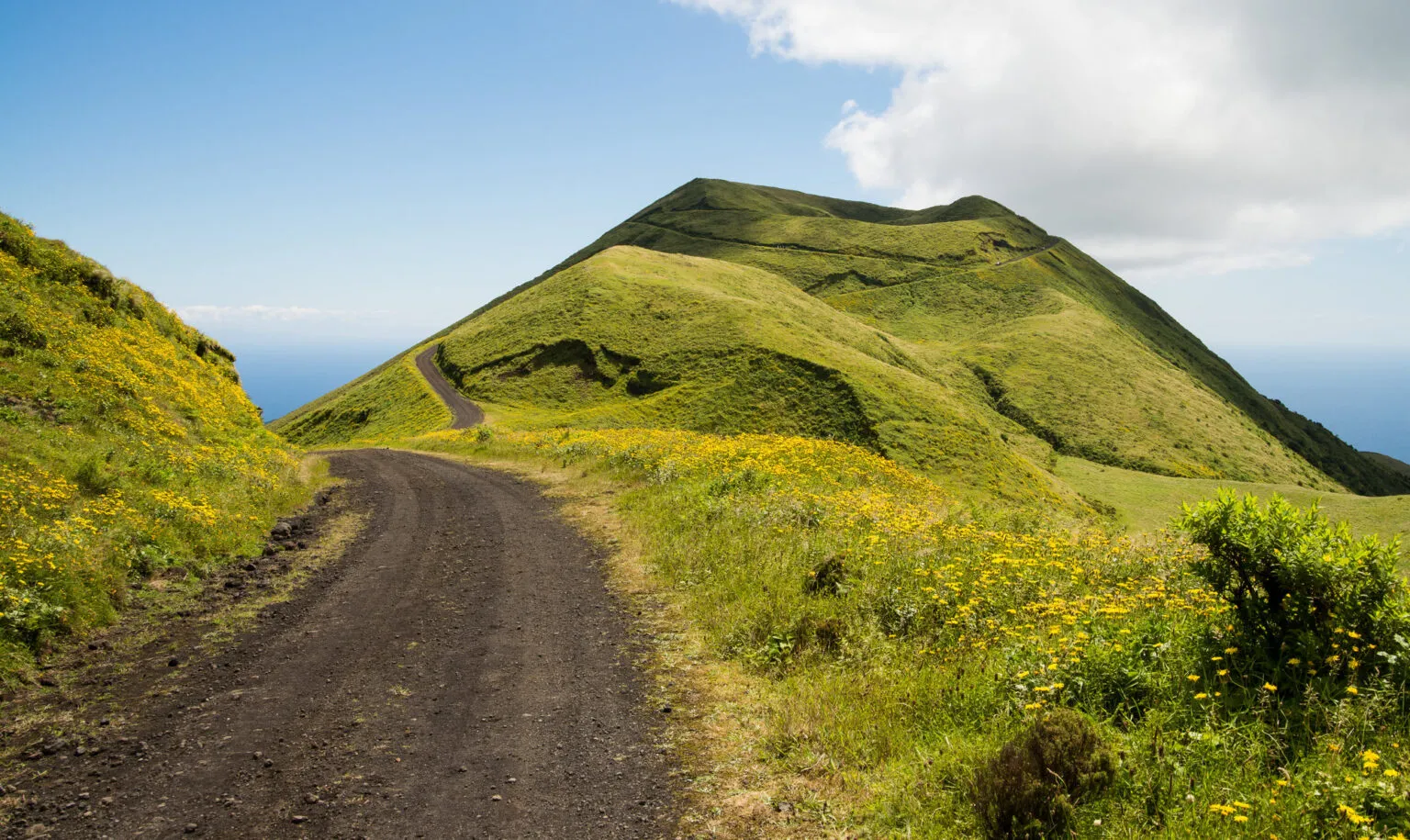 Een onverhard wandelpad slingert langs geel-groene berghellingen richting een vulkanische top op het eiland São Jorge in de Azoren.