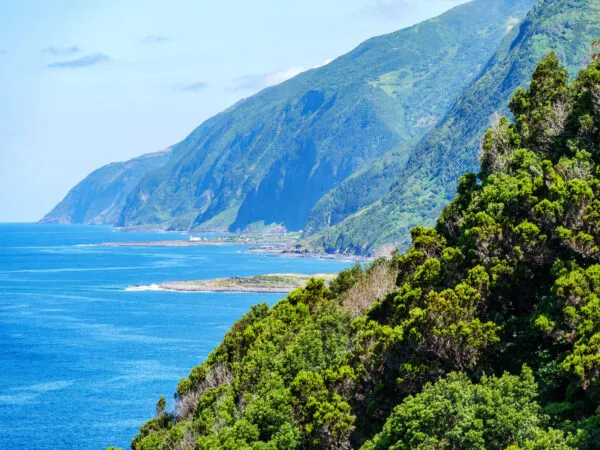 Panoramisch zicht op steile, groenbegroeide bergen die uitmonden in de diepblauwe oceaan langs de kust van São Jorge op de Azoren.