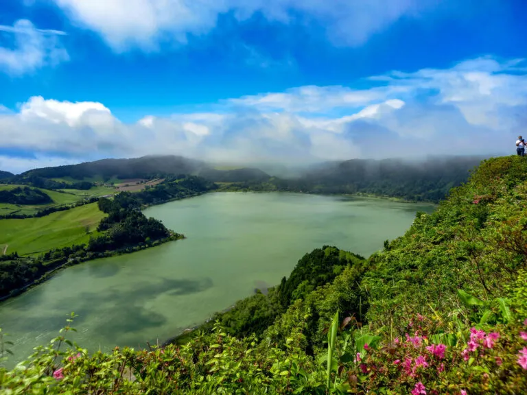 Azoren Sao Miguel Lagoa Do Fogo Uitzicht Mist bloemen
