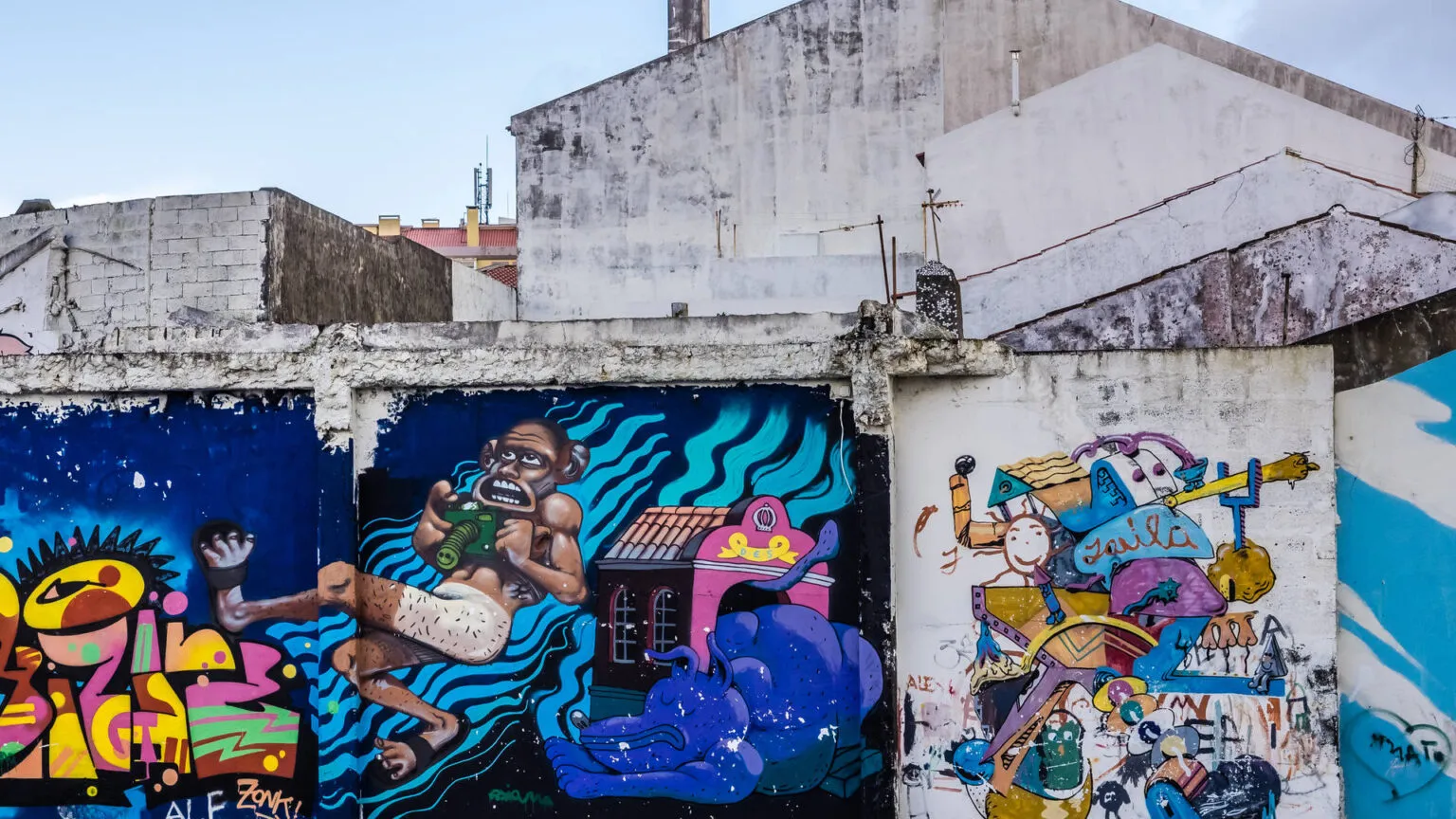 Opvallende, artistieke streetart en graffiti op de gevel van een oud gebouw in het centrum van Ponta Delgada.