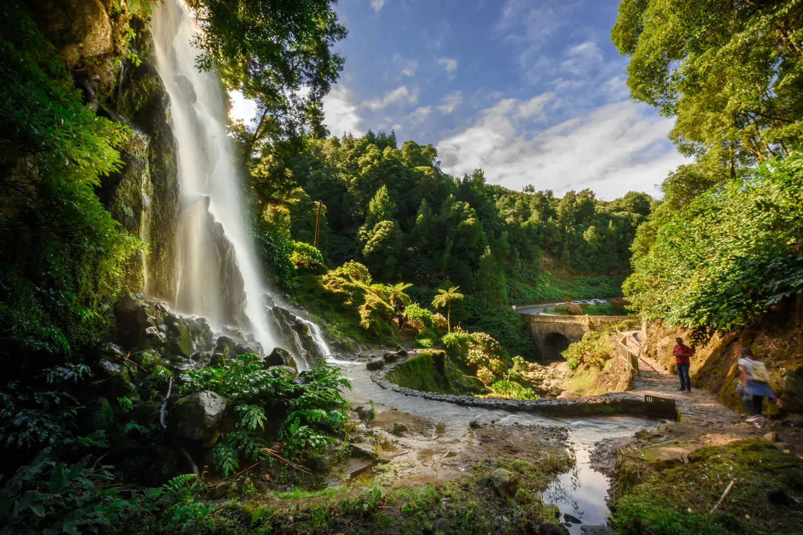 Uitzicht op een groen landschap met een waterval op het eiland São Miguel