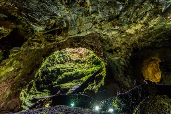 Uitzicht vanuit het binnenste van de vulkaangrot Algar do Carvão naar de groene, met mos begroeide krateropening en een verlicht wandelpad op het eiland Terceira in de Azoren