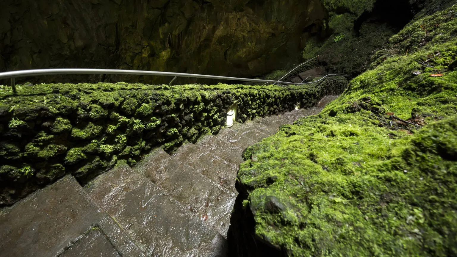 Een stenen trap met verlichting kronkelt langs wanden vol frisgroen mos af naar de vulkanische holte van Algar do Carvão op Terceira.