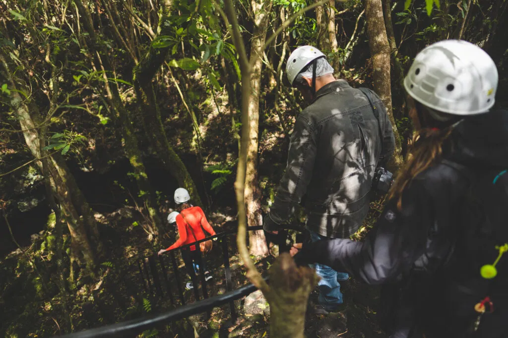Een avonturier met een klimhelm en wetsuit baant zich een weg door de dichte, groene vegetatie van een kloof tijdens een canyoning-tocht op de Azoren.