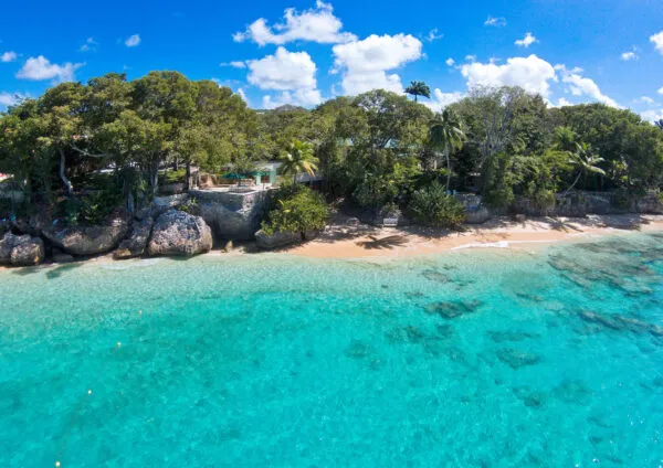Bovenaanzicht van helder turquoise zeewater dat aanspoelt op een smal zandstrand, omzoomd door weelderig groene palmbomen en vegetatie langs de kust van Bathsheba op Barbados.