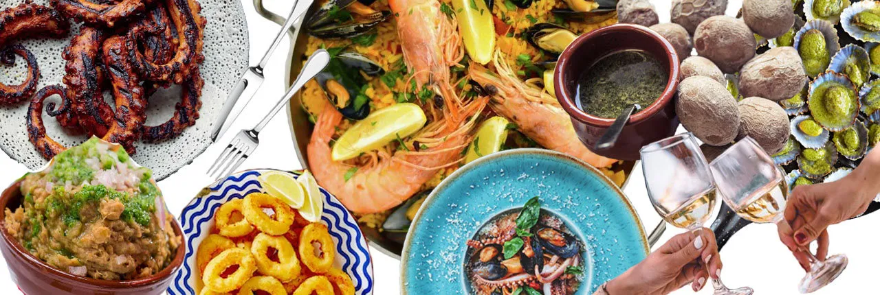 Een gevarieerde fotocollage van de Canarische keuken met octopus, paella, calamaris, papas arrugadas met mojo en proostende glazen wijn.