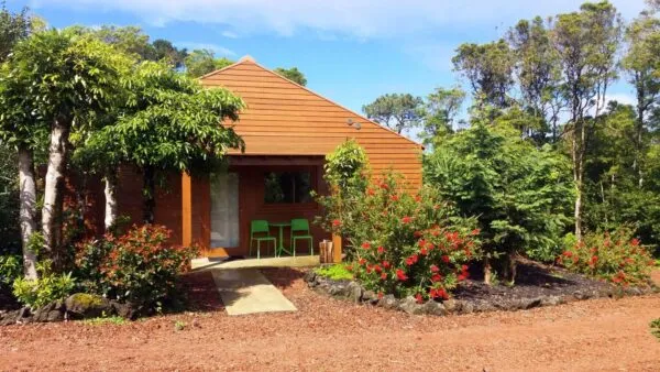 Vooraanzicht van een houten bungalow van Alma do Pico Nature Residence omgeven door groene struiken en rode bloemen op het eiland Pico.
