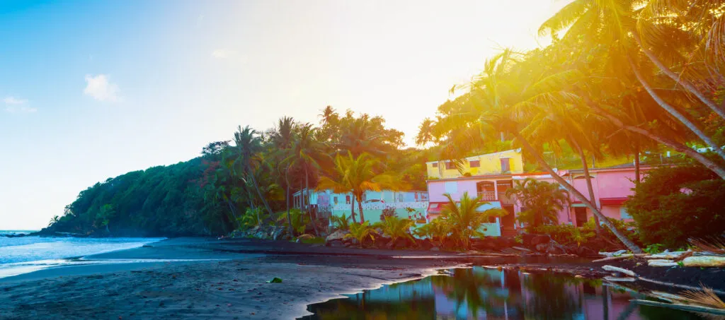 Panoramische opname van het donkere zandstrand van Grande Anse op Basse-Terre, Guadeloupe, met roze en gele huisjes verscholen tussen groene palmbomen en een dichtbegroeide heuvel.