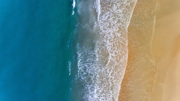 Een bovenaanzicht van witteschuimende golven die aanspoelen op een gouden zandstrand en een helderblauwe oceaan op Boa Vista, Kaapverdië.