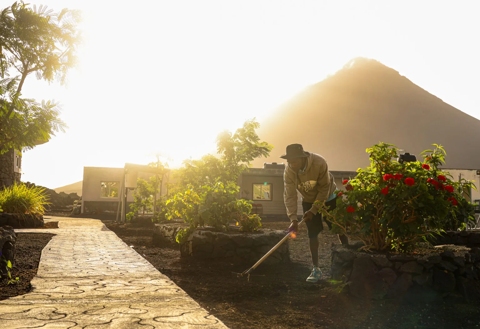 Een lokale tuinman is bezig in een zonovergoten tuin tegen de achtergrond van het vulkanische landschap rondom Pico do Fogo op Kaapverdië.