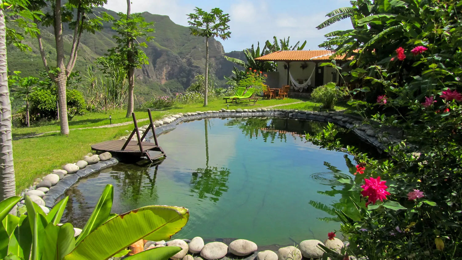 Een natuurlijk zwembad omringd door palmbomen, bloemen en uitzicht op de bergen bij een eco-lodge in de Paúl-vallei op Santo Antão, Kaapverdië.