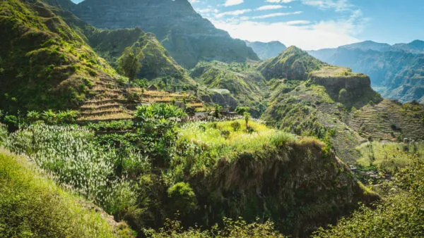 Uitzicht op de groene Paul-vallei in de binnenlanden van eiland Santo Antão