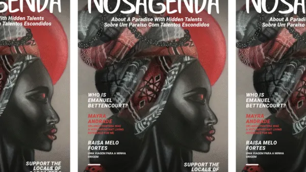 Drie covers van het tijdschrift NOS AGENDA met een artistiek zijprofiel van een vrouw met een traditionele hoofddoek.