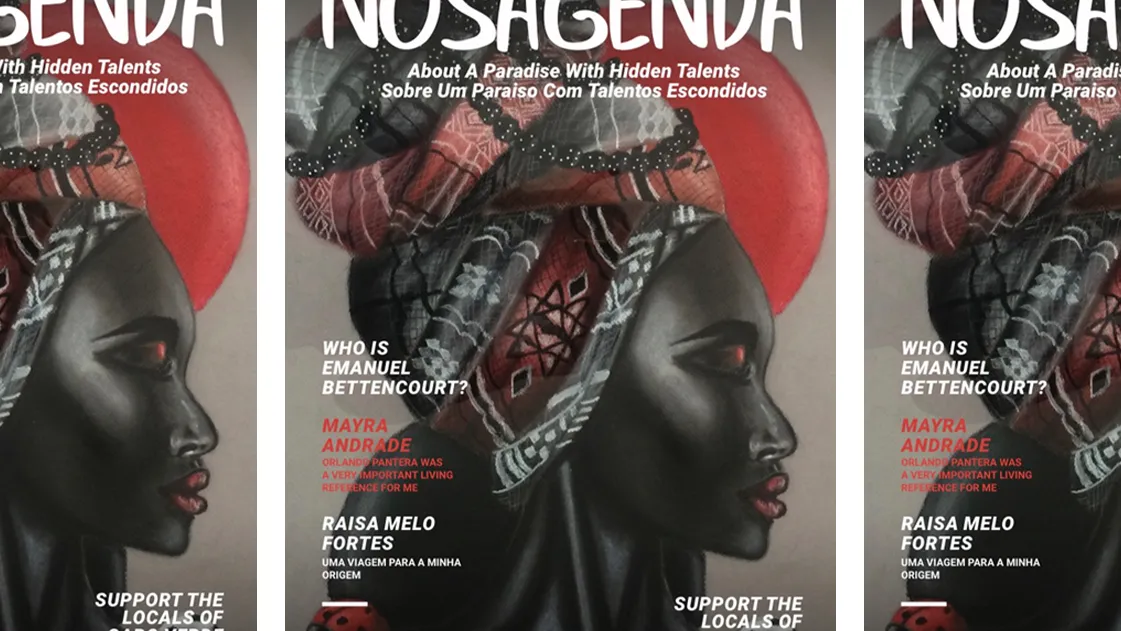 Drie covers van het tijdschrift NOS AGENDA met een artistiek zijprofiel van een vrouw met een traditionele hoofddoek.