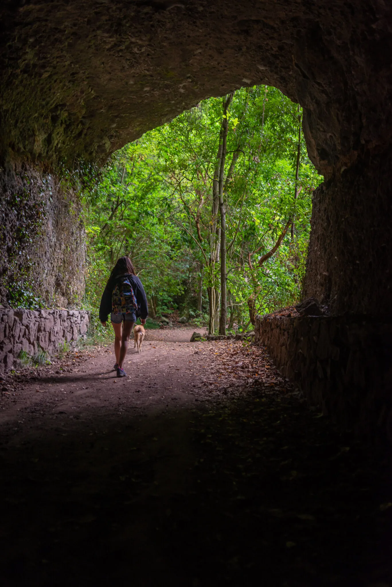 Dame die met haar hond door een tunnel wandelt bij het natuurreservaat Los Tilos
