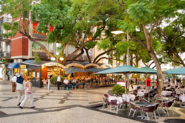 Een geplaveid plein in Funchal met gedekte terrastafels onder parasols en het bladerdek van grote groene bomen.
