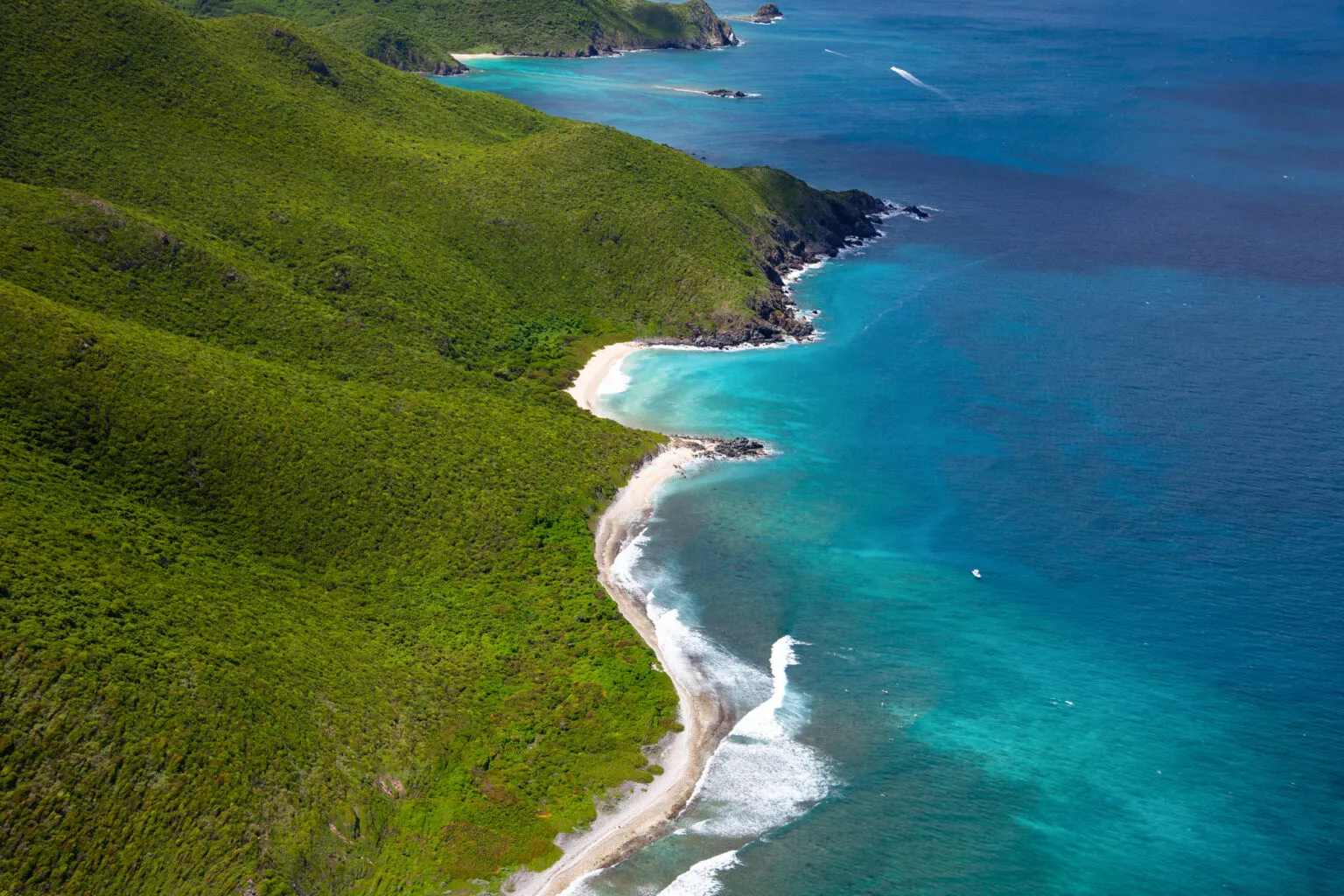 Bovenaanzicht van weelderig groene, dichtbegroeide berghellingen die aflopen naar een smal zandstrand en de helderblauwe oceaan op Sint Maarten.