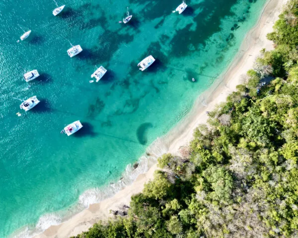 Een luchtfoto toont witte zeilboten voor de tropische kustlijn van Saint Vincent en de Grenadines met helderblauw water en een groen strand.