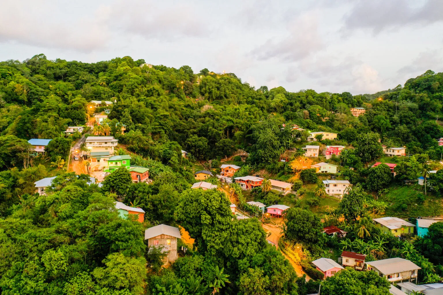Zicht op kleurrijke woningen die verspreid liggen tussen het weelderige groen op de helling van een heuvel in Speyside op Tobago.