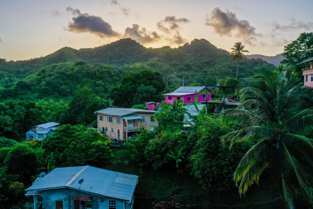 Zicht op het weelderige, groene binnenland van Tobago met kleurrijke huizen tussen de bomen en tropische vegetatie, tegen een achtergrond van bergtoppen en een warme avondlucht.