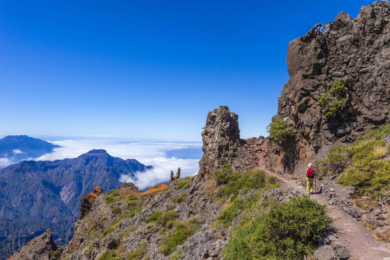 Wandelaar op een smal rotsachtig bergpad in Nationaal Park Caldera de Taburiente met uitzicht op steile rotswanden en een wolkendek onder een helderblauwe lucht op La Palma