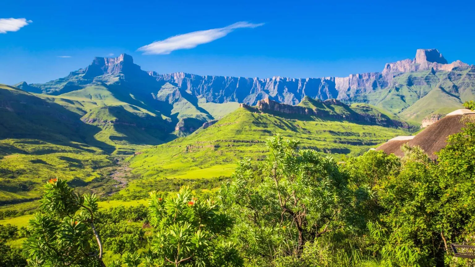 Panoramisch uitzicht op de uitgestrekte groene heuvels en steile bergtoppen onder een helderblauwe lucht in het Drakensberg Nationaal Park, Zuid-Afrika.