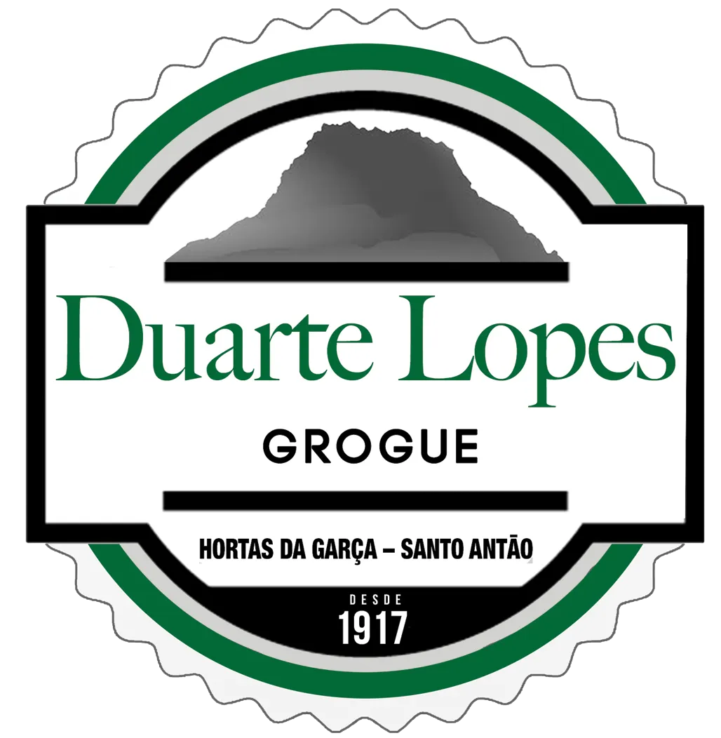 Rond logo van het Kaapverdische rummerk Duarte Lopes Grogue uit Hortas da Garça op Santo Antão, met een bergsilhouet en het oprichtingsjaar 1917