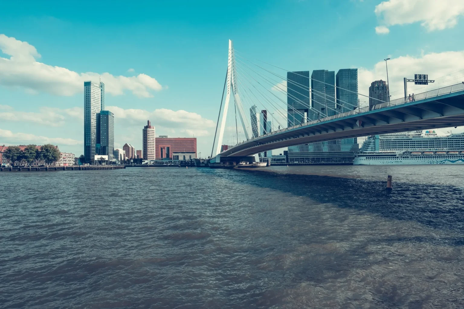 Zicht vanaf het water op de Erasmusbrug en de moderne skyline van Rotterdam onder een blauwe lucht met lichte bewolking.