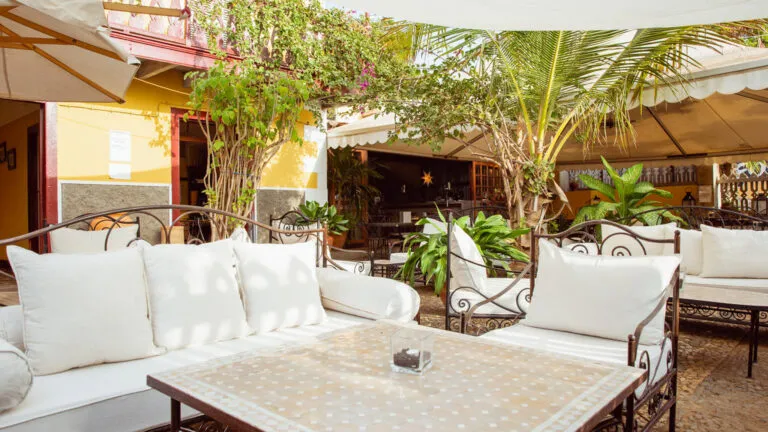 Het overdekte terras van Vince & Luisa's Boetiekhotel, met groene beplanting en uitnodigende banken en stoelen met dikke witte kussens