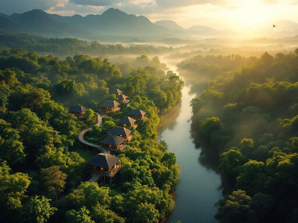 Luchtfoto van Awarradam eco-resort in Suriname's Amazone regenwoud met houten hutten op palen en loopbruggen