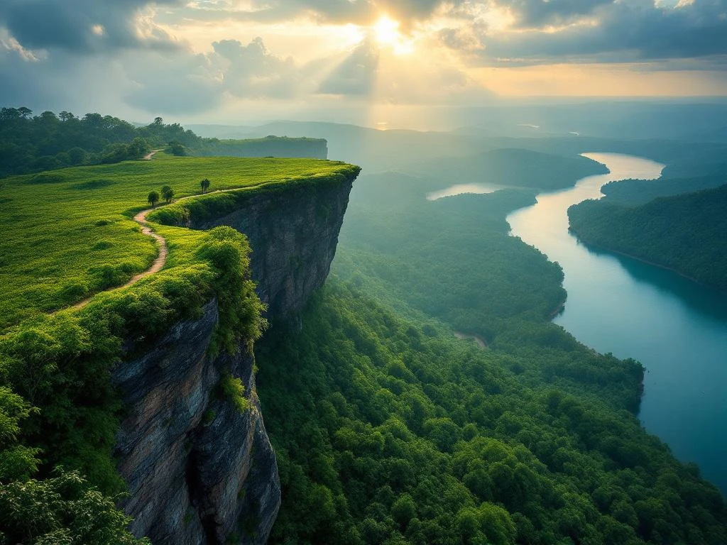 Luchtfoto van Brownsberg Natuurpark Suriname met regenwoud plateau boven Brokopondo stuwmeer in ochtendlicht