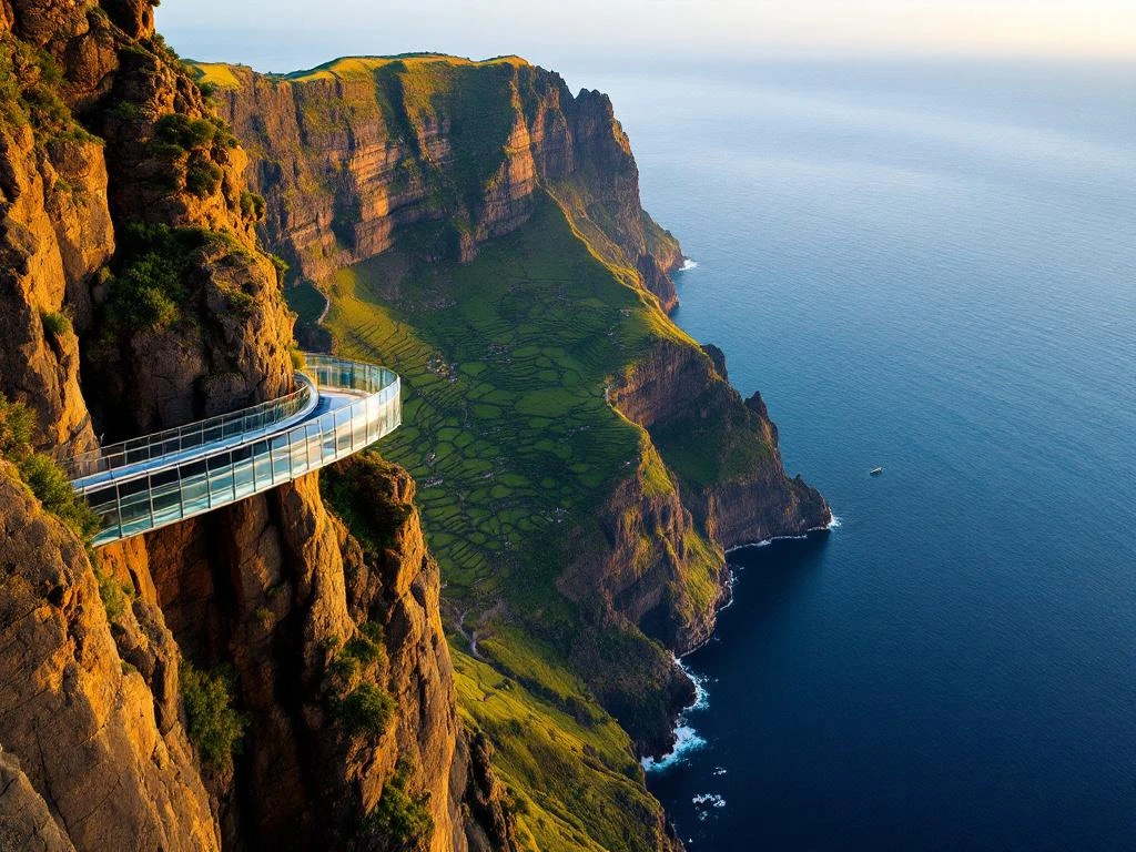 Glazen uitkijkplatform Cabo Girão op Madeira's kliffen, 580 meter boven de Atlantische Oceaan met groene terrasvelden