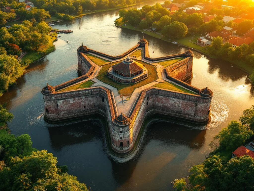 Fort Zeelandia in Paramaribo tijdens gouden uur, stervormig koloniaal fort aan de Surinamerivier met tropische vegetatie