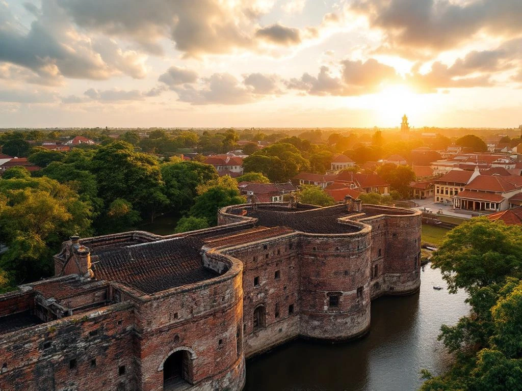 Luchtfoto van historisch Fort Zeelandia in Paramaribo met stervormige koloniale architectuur bij zonsondergang