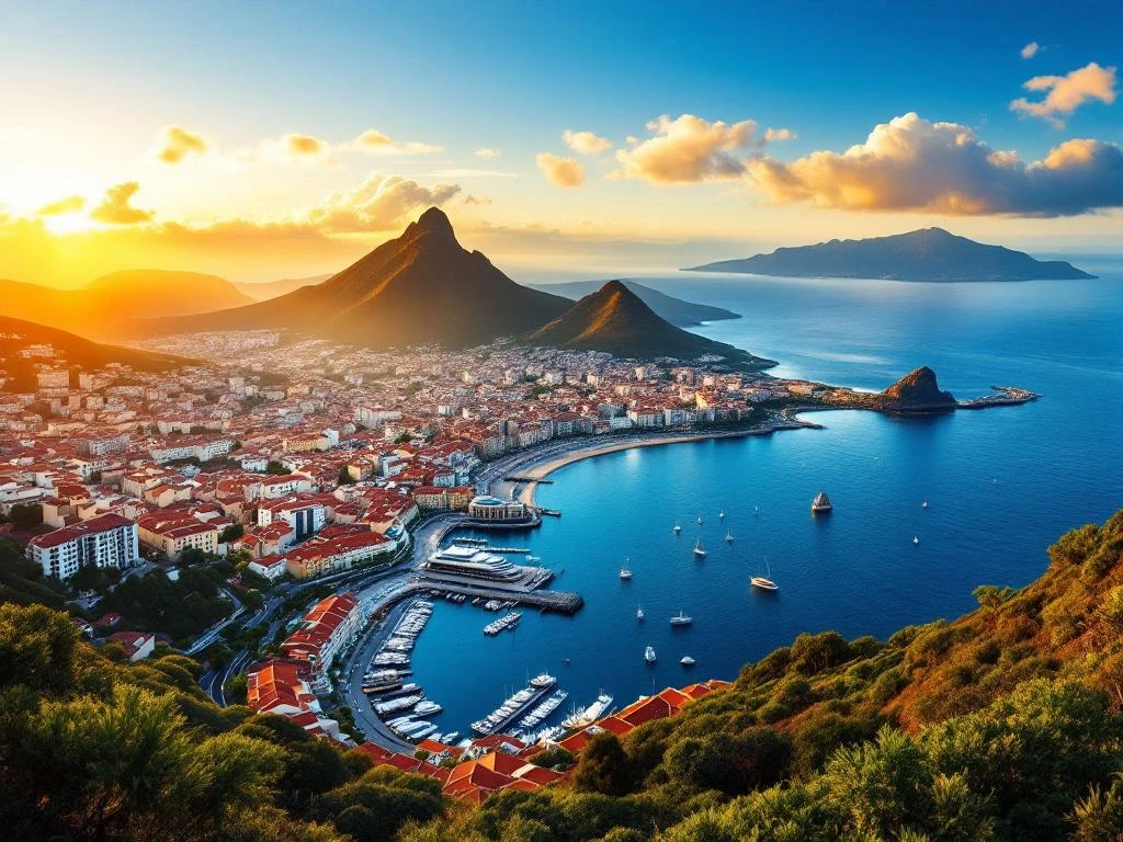 Luchtfoto van Funchal, hoofdstad van Madeira, met rode daken tussen bergen en Atlantische Oceaan bij zonsondergang