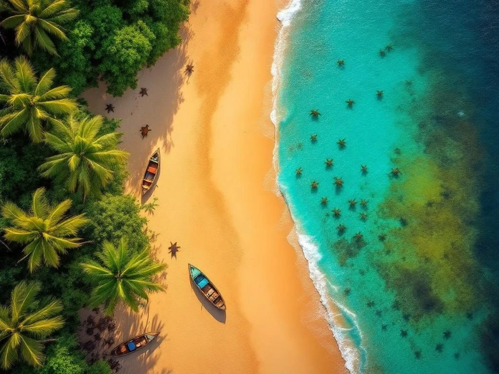 Luchtfoto van Galibi strand Suriname met gouden zand, turkooisblauw water, houten boten en tropisch regenwoud