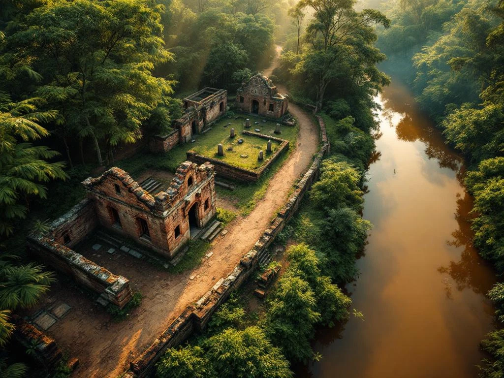 Luchtfoto van historische Jodensavanne ruïnes in Surinaams regenwoud met synagoge fundamenten en begraafplaats
