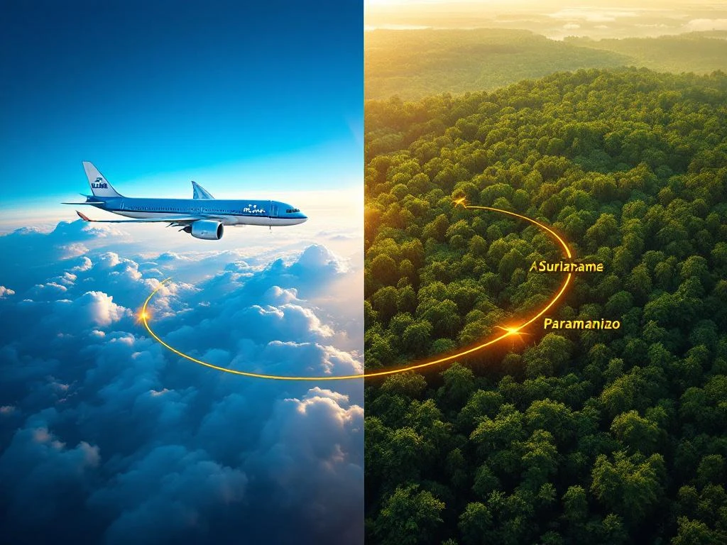 KLM vliegtuig in blauwe lucht naast Surinaams regenwoud, met wereldkaart die vluchtroute Amsterdam-Paramaribo toont