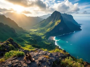 Luchtfoto van Madeira's dramatische landschap met groene levada-wandelpaden, vulkanische kliffen en subtropische bossen