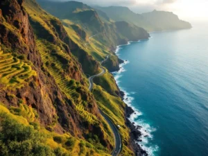 Luchtfoto van Madeira's berglandschap met kronkelende kustweg, huurauto en gele bus langs Atlantische kliffen