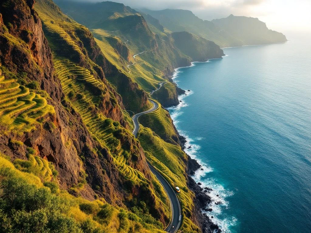 Luchtfoto van Madeira's berglandschap met kronkelende kustweg, huurauto en gele bus langs Atlantische kliffen