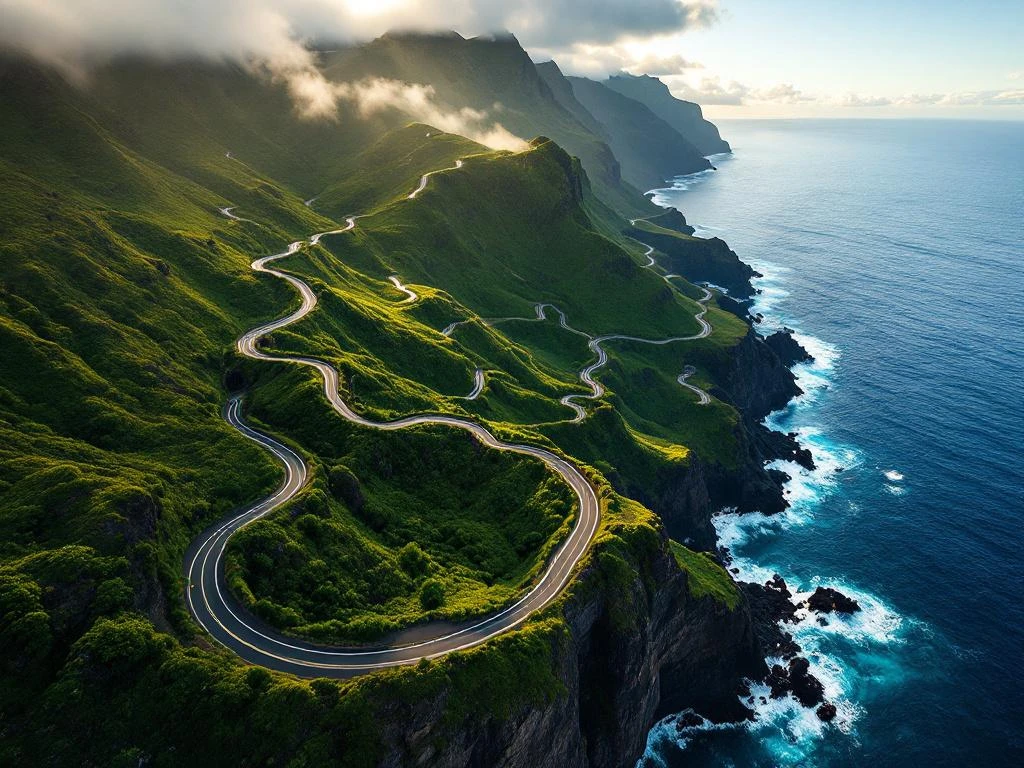 Kronkelende bergwegen van Madeira door groene kliffen met Atlantische Oceaan, gouden zonlicht en vulkanische kust
