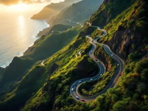 Kronkelende bergwegen van Madeira met auto's door groene kliffen boven de Atlantische Oceaan tijdens gouden uur