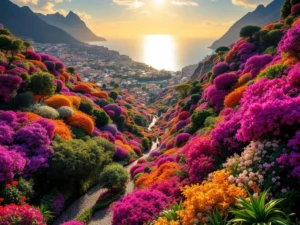 Luchtfoto van Madeira's bloemenfeest met kleurrijke bloemen op terrasvormige hellingen en de Atlantische Oceaan op achtergrond